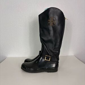 Tory Burch Black Leather Tall Waterproof Bottom Rain Boots Women's Size 8